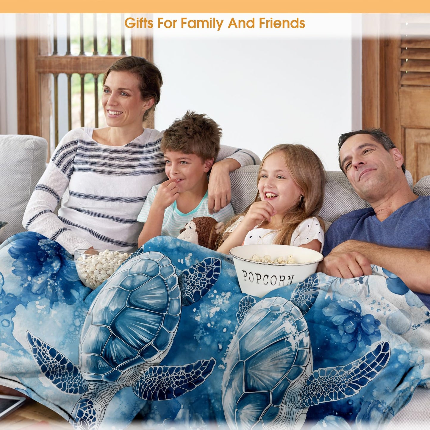 Hohoto Sea Turtle Floral Blanket Blue Flowers Ocean Gifts for Women Kids Girls Birthday Christmas Halloween Mother's Day Mom Wife Sisters Female Friends Presents Colorful Throw 60"x80"