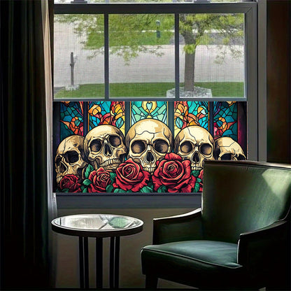 HOMETITUTE Skull Window Film 39.3x17.7 Inch Gothic Skull Window Sticker Halloween Skull Decoration Rose Windows Cling for Haunted House Day of The Dead Horror Windows Glass Cover