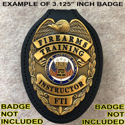 Oval Police Badge Holder Belt Clip - Optional to Use Around The Neck - Black Leather with Badge Polishing Cloth - Perfect Fit USA