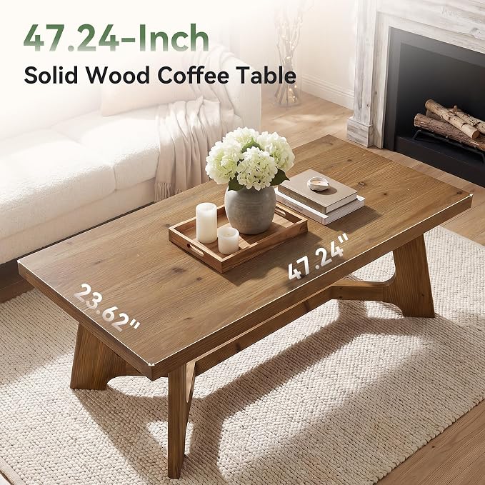 Solid Wood Coffee Table, 47-Inch Rectangle Coffee Table for Living Room, Farmhouse Accent Low Tea Tables for Home, Office, Brown