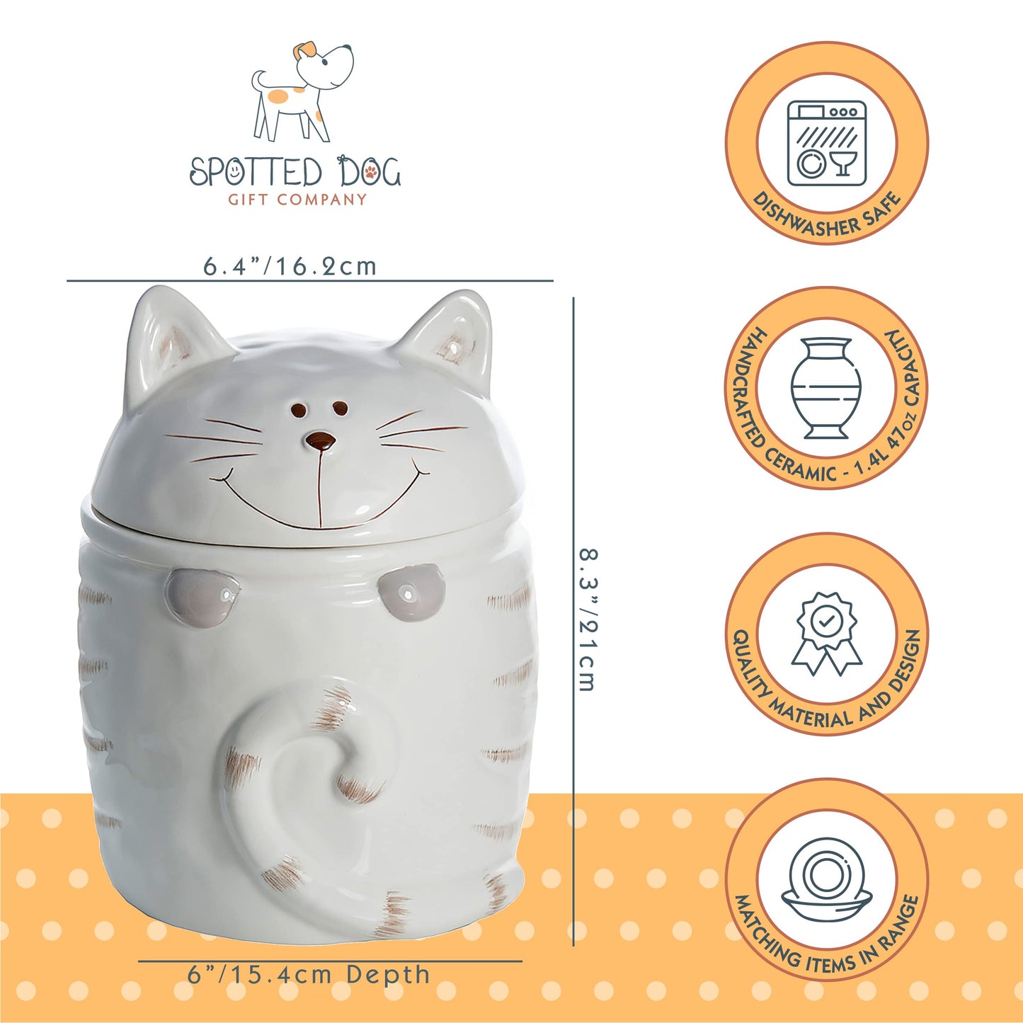 SPOTTED DOG GIFT COMPANY Ceramic Cookie Jar with Lid, Large Cat Treat Container for Cookies & Biscuits, Cute Novelty Kitchen Storage for Countertop, Gifts for Cat Lovers - 47oz White