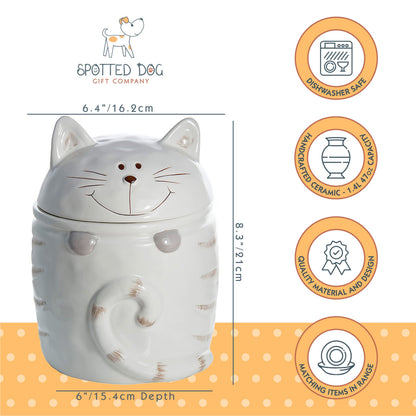SPOTTED DOG GIFT COMPANY Ceramic Cookie Jar with Lid, Large Cat Treat Container for Cookies & Biscuits, Cute Novelty Kitchen Storage for Countertop, Gifts for Cat Lovers - 47oz White