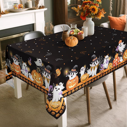 Arquiel Halloween Ghost Pumpkin Tablecloth Waterproof, Black Orange Plaid Table Cloth Rectangle, Washable Table Cover for Halloween Party Home Kitchen Decoration (60×104 Inch)