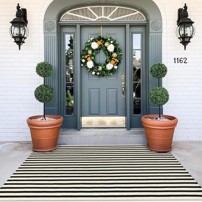OJIA Washable Area Rugs 4'x6', Black and Cream Outdoor Rug Cotton Woven Entryway Rugs Indoor Striped Patio Rugs Carpet Large Area Rugs for Bedroom/Porch/Deck/Backyard/Home Outside Entrance Decor