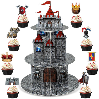 3 Tier Medieval Castle Cupcake Stand Decor with 24 Cake Toppers Knight Birthday Party Decorations Medieval Theme Dessert Cardboard Stand Tower Castle Cupcake Holder for Boys Baby Shower Supplies