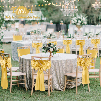 Eychei 12pcs Gold Satin Chair Sashes & Bows, 7x108in Chair Bow Ties for Wedding, Party, Banquet, Restaurant, Hotel Events