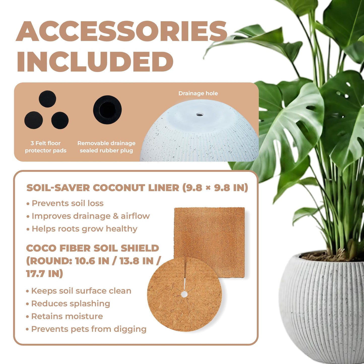 DEPLA LANE Marlo Fiberstone Round Planter (8.5" Pot Opening x 12..6"D x 9.8"H) Ribbed Finishes, Lightweight, Durable, UV Resistant, Modern Minimalist Home Decor, Indoor Outdoor Pot (S, Ribbed White)