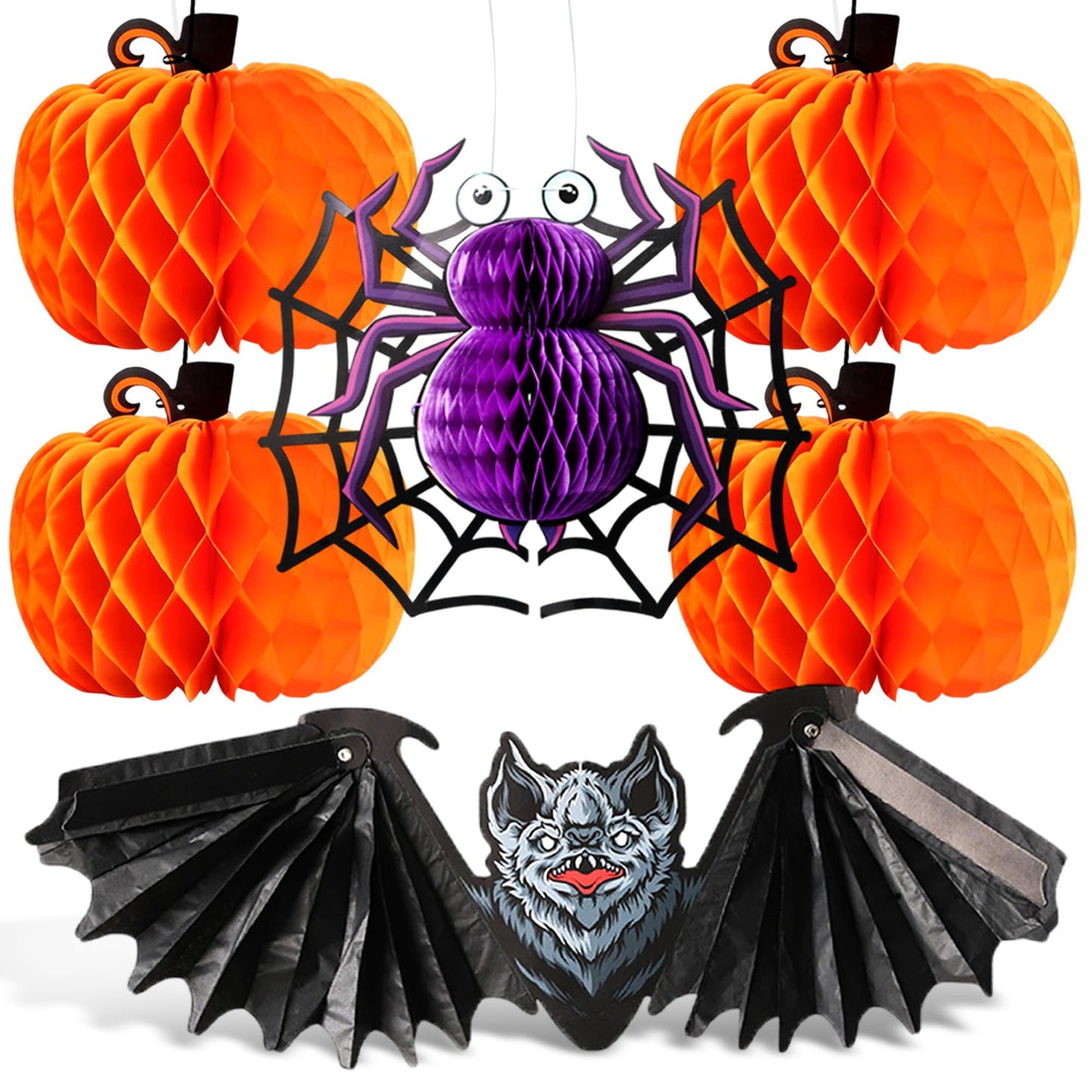 Halloween Swirls and Honeycombs - Pack of 61 | Halloween Centerpieces for Tables, Hanging Decorations, Hanging bat