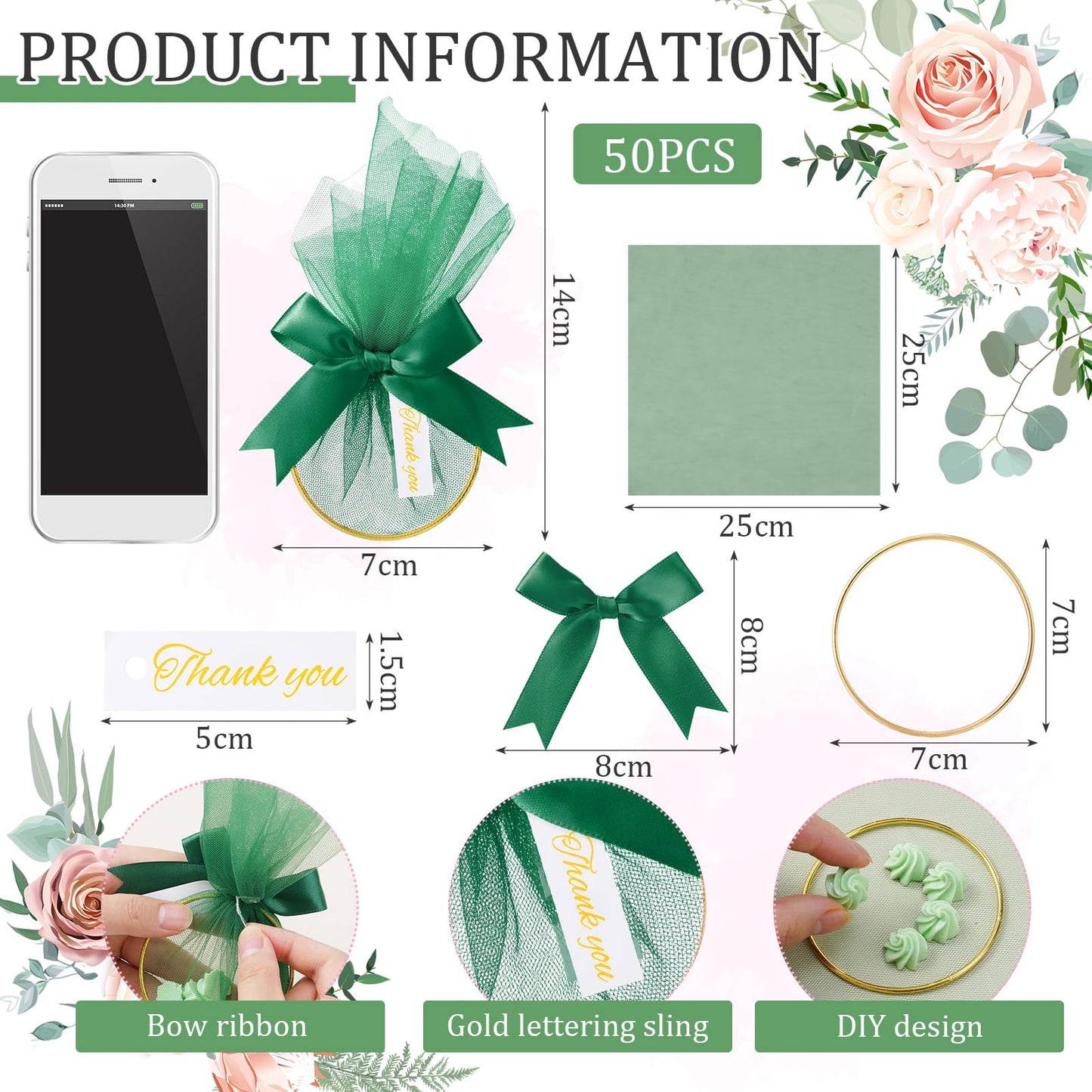 CPEGHDVM 50Pcs Organza Gift Bags, Christmas Thank You Gift Bags with Bow, Jewelry Pouches with Drawstring for Wedding Halloween Christmas Party Favor, 5.9 * 2.7in (Green)