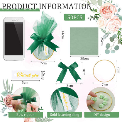 CPEGHDVM 50Pcs Organza Gift Bags, Christmas Thank You Gift Bags with Bow, Jewelry Pouches with Drawstring for Wedding Halloween Christmas Party Favor, 5.9 * 2.7in (Green)