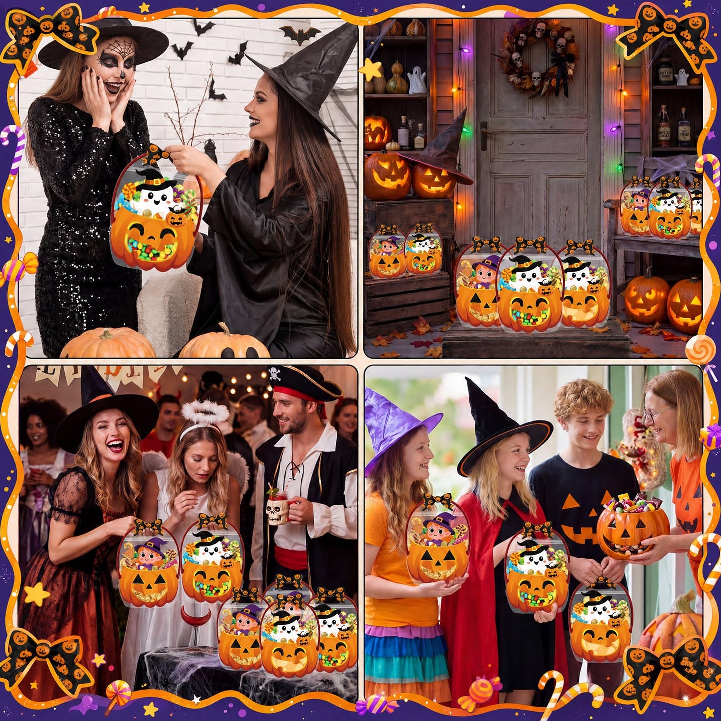 Fuutreo 50 Pcs Halloween Plastic Bags Clear Ghost Witch Pumpkin Sealed Gift Pouches with Handles Resealable Scary Holiday Favor Bags for Halloween Holiday Party Candy Gift Wrapping Supplies Decoration