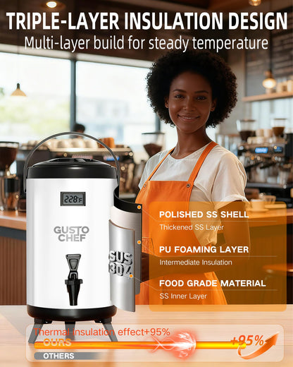GUSTOCHEF Insulated Beverage Dispenser 3 Gallon,Hot&Cold Drink Dispenser with Spigot,LCD Thermometer,Stainless Steel Triple-Layer Insulation,for Tea Coffee Milk Juice,Party Buffet(Silver, 1 Pack)
