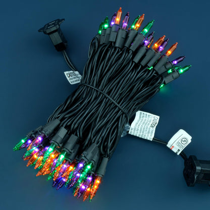 YULETIME 100 Orange Green Purple Halloween String Lights, 33 ft Black Wire