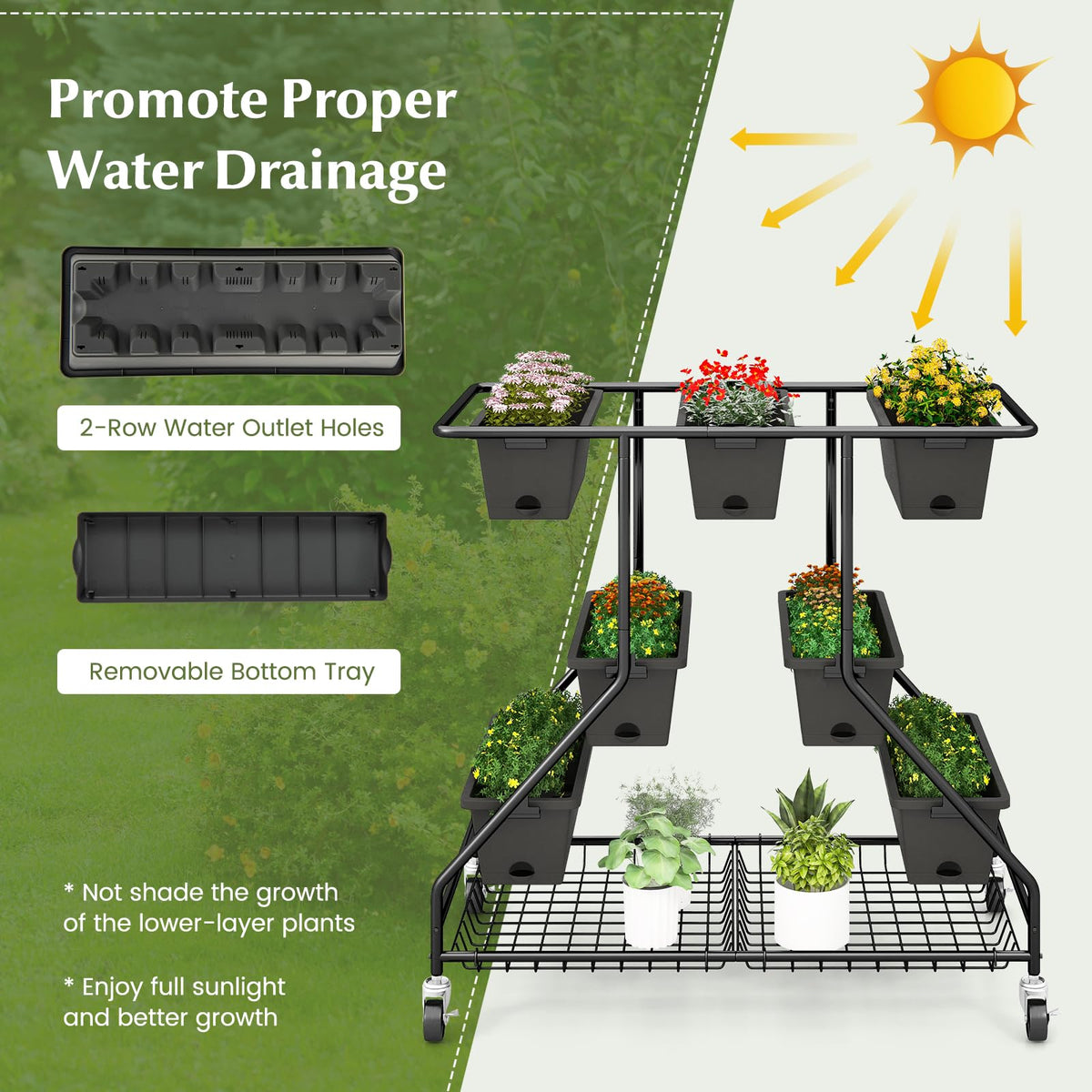 Giantex Rolling Raised Garden Bed w/ 7 Planter Boxes, Storage Baskets, Drainage Holes, 4 Lockable Casters, 3-Tier Freestanding Elevated Planter for Strawberry Vegetable Flower Herb