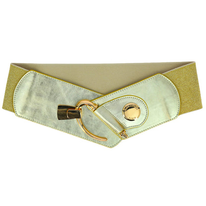 FASHIONGEN - Cowhide leather elastic belt for women, DARLENE - Golden, X-Large/waist size 34 to 36