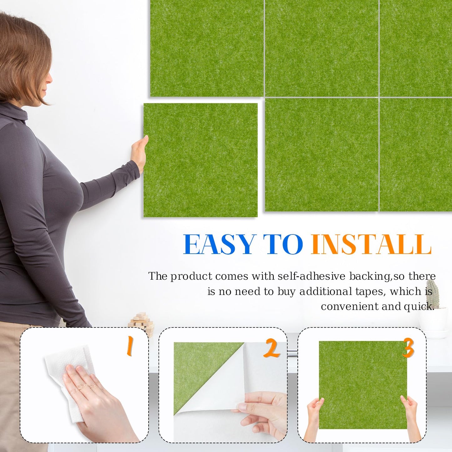 DOLLAR BOSS Felt Cork Board Tiles, 6 Packs 12" x 12" 1/2" Thick Cork Bulletin Board Self Adhesive Corkboards for Walls with 60 Pushpins for Home Office Kitchen School Decor Display, Green