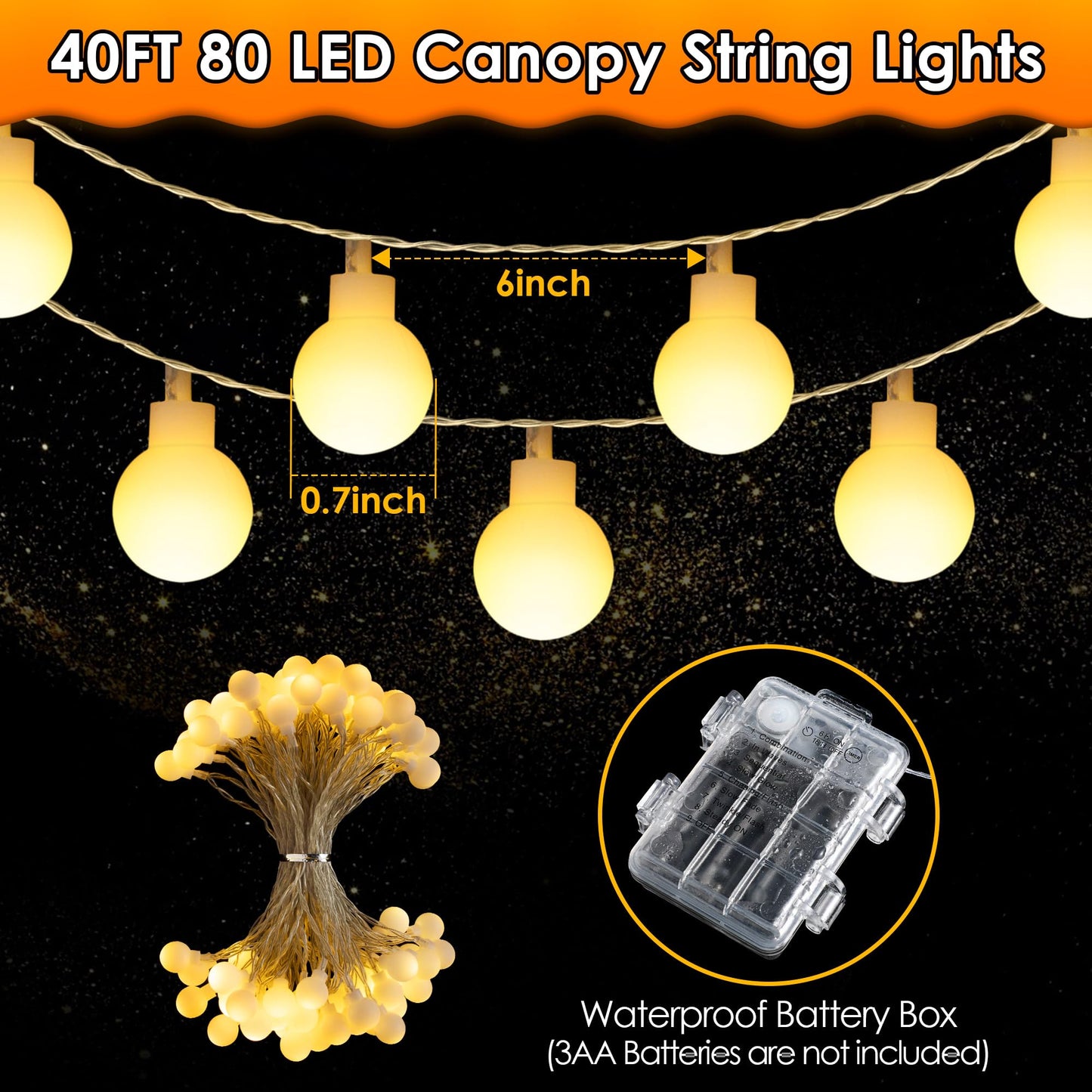 ElectricWise 1 Pack LED Canopy Lights, 40ft 80LED Battery Powered Canopy Tent Lights Outdoor with 8 Modes, Warm White Canopy String Light for 10' x 10' Pop up Canopy Tent
