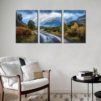 YSPCSUN 3 Panel Landscape Wall Art Mountain Peak Canvas Pictures Vibrant Double Rainbow Nature Painting Framed Scenery Artwork for Dining Room Bedroom Wall Decoration Gifts Idea, 48x24 Inch