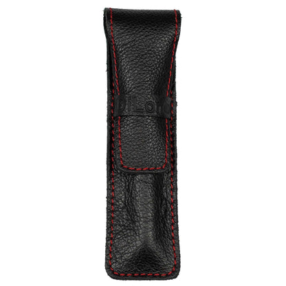 DiLoro Full Grain Leather Single Pen Case Holder Pouch Pencil Organizer (Buffalo Black w Red)