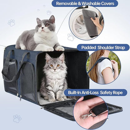 Cat Carrier for 2 Cats - Double Pet Carrier Extra Large, Dual Cabin Multi Cat Travel Carrier with Removable Divider, Collapsible, Can Hold 20 30 40 lbs for Two Small Kitten, Medium Dog Blue