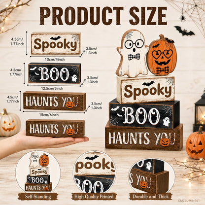 4 Pcs Halloween Decorations, Wooden Ghost and Pumpkin Block Signs Featuring Glasses Design, Farmhouse Cute Halloween Tiered Tray Decor, Spooky Boo Haunts You Table Centerpiece for Home Office Mantel Kitchen Shelf