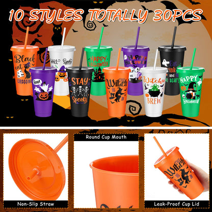 Chuangdi 30 Pack Halloween Plastic Tumbler with Lids and Straws Reusable Plastic Cups Spooky Cups Bulk for Kids Adults Halloween Party Birthday Supplies(24 oz,Pumpkin)