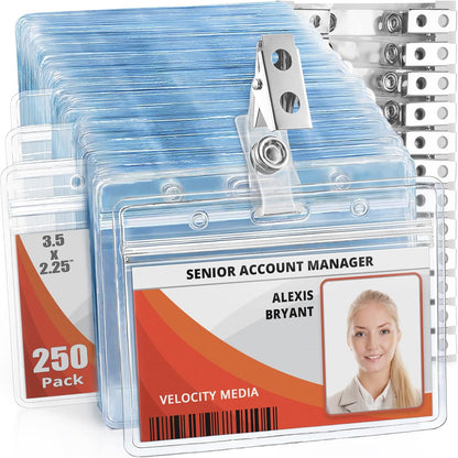 Mifflin-USA Horizontal Plastic Card Holder with Metal Clip and Vinyl Straps (Clear, 3.5x2.25 Inch, 250 Pack), Waterproof PVC ID Name Badge Holder with Clip