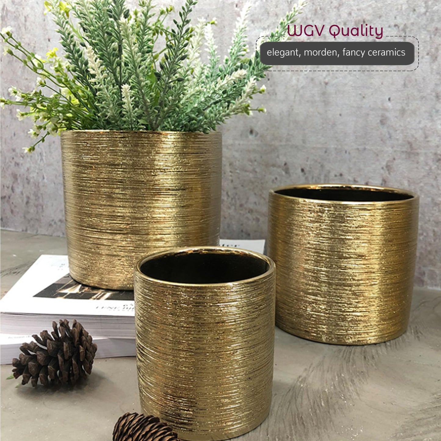 WGVI Gold Etched Ceramic Cylinder Vase Width 3.75" Height 4", Flower Arrangements, Candle Holder, Terrarium Planter Pot, Storage Container Organizer, Pen Brush Holder, Scratched Texture, 1 Piece