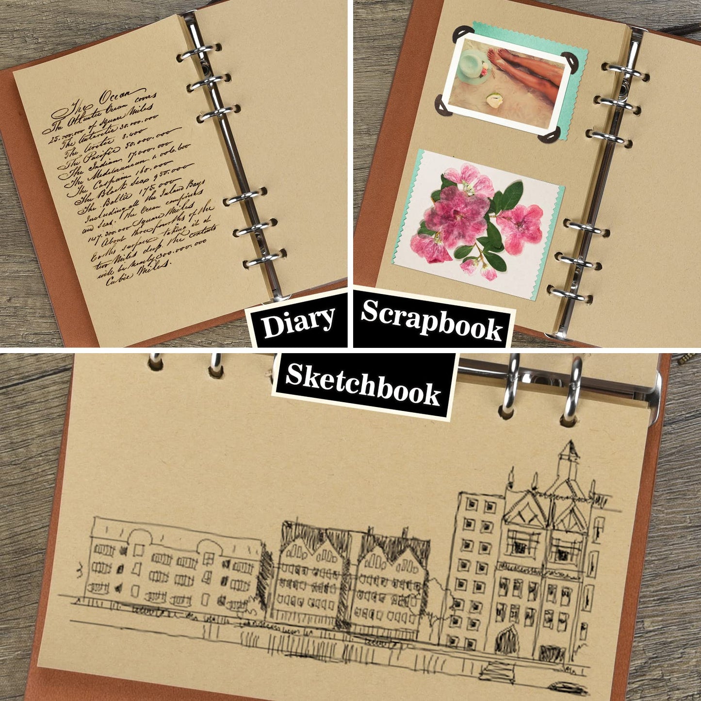 Leather Journal Notebook, Vintage Refillable Journal for Women Girls, Thick Blank Pages for Sketchbook, Planner, Diary, Travel Journals to Write in with Binder Pockets, Beautiful Journal Gift