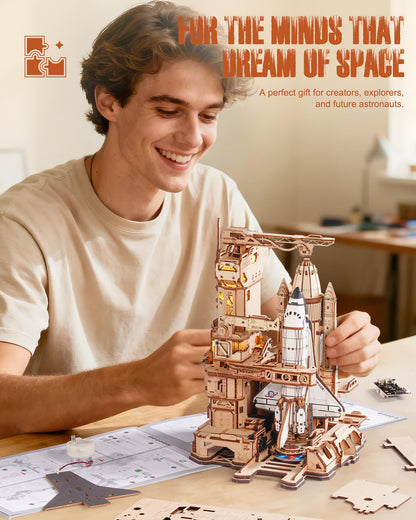 ROBOTIME 3D Space Shuttle Wooden Puzzle for Adults, Dynamic Rocket Launch Model Building Kits with Lights, AS Home Desktop Decoration for Men Gifts (446 Pieces,8 Hours Finished)
