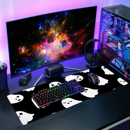 Halloween Cute Ghost Mouse Pad Kawaii Cartoon Spooky Funny Spirit Extended Desk Mat Non-Slip Rubber Base Stitched Edge Large XL Black White Mousepad for Desk Gaming Laptop Desktop,31.5×11.8 Inch
