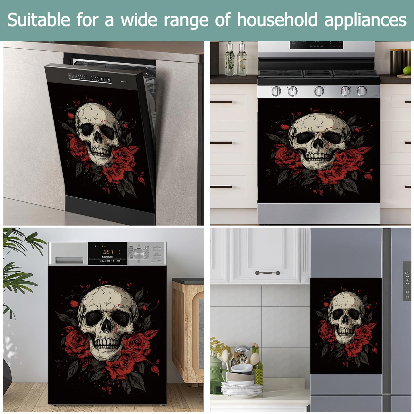Gothic Skull Dishwasher Magnets Decorative Cover,Halloween Red Rose Flower Waterproof Magnetic Dishwasher Cover Panel,Refrigerator Magnet Cover for Kitchen Home Decor 23x26 Inch