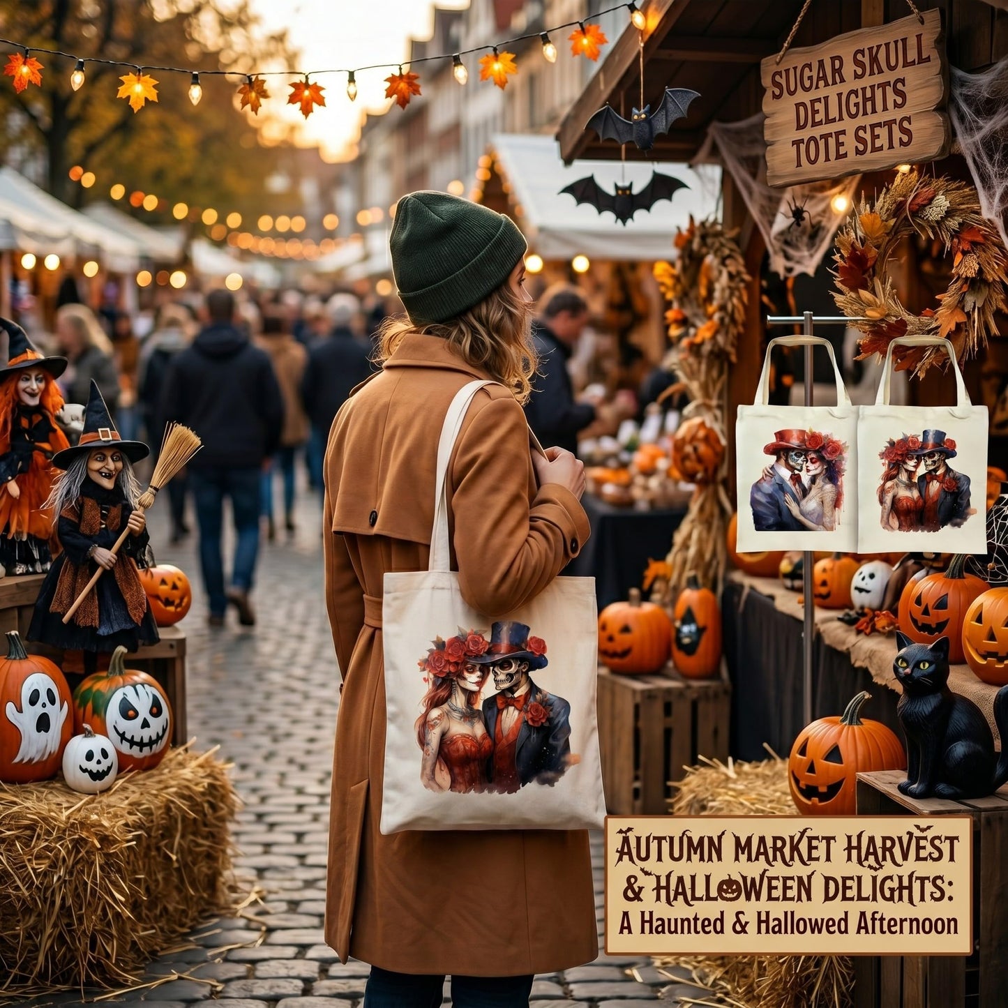 Fall Halloween Tote Bags 2Pcs, Cotton Blend Canvas Tote with Pumpkin Ghost Witch Prints, Reusable Shoulder Bags for Thanksgiving Party Trick or Treat Gift (ghostly lovers)