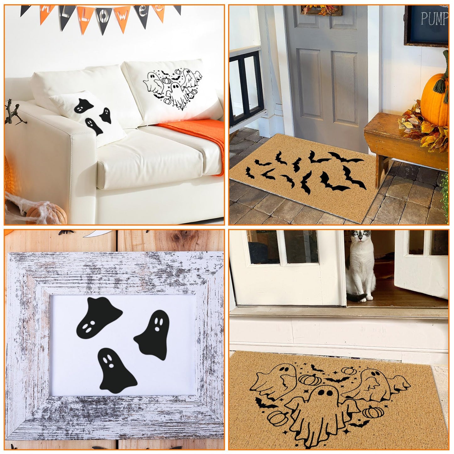 Frienda 9 Pcs Halloween Stencils for Door Mats Crafts Reusable Bat Skeleton Ghost Welcome Templates Large Spooky Stencil for Drawing DIY Painting on Wood Floor Doormat Crafts