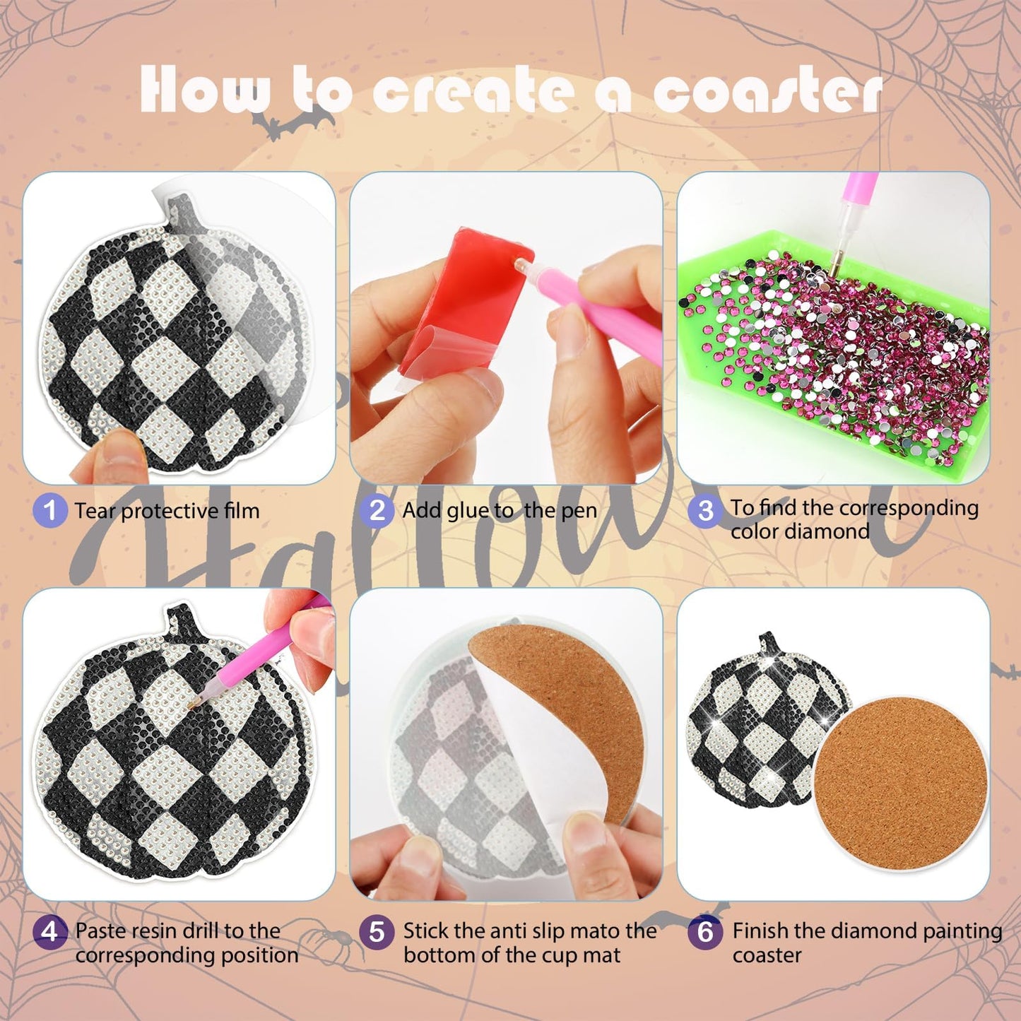 Demonwer 8 Pieces Halloween Pumpkin Diamond Coasters Kits with Holder DIY Halloween Pumpkin Diamond Art Coaster Non Slip Coaster for Adults Diamond Art Painting Kits Supplies for Gift