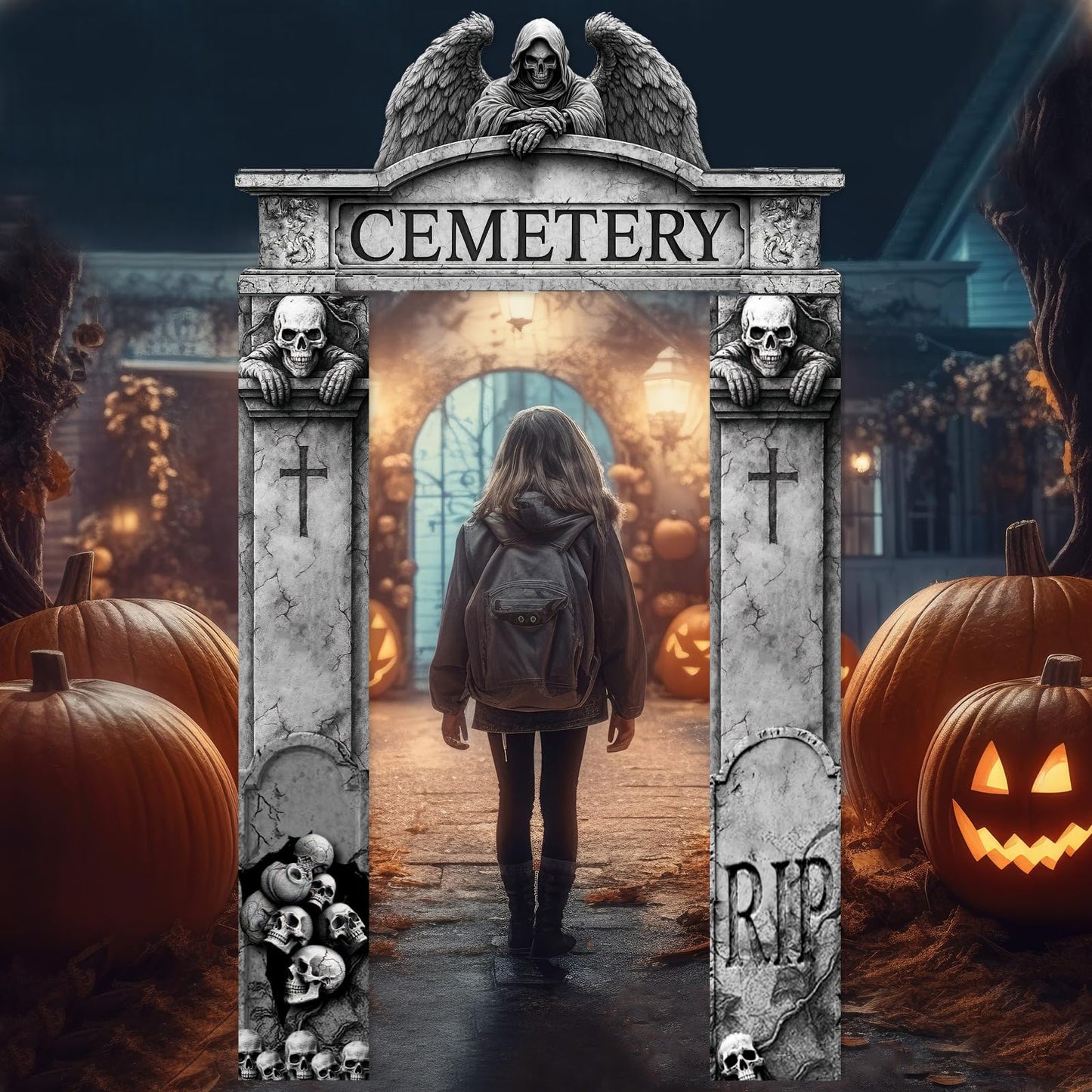 BrightRow Halloween Decorations 3 Pcs Gothic Graveyard Door Frame Archway Banner, Grim Reaper Backdrop Polyester Hanging Banner with PVC Rope for Indoor Outdoor Haunted House Party Supplies