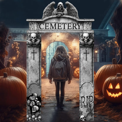 BrightRow Halloween Decorations 3 Pcs Gothic Graveyard Door Frame Archway Banner, Grim Reaper Backdrop Polyester Hanging Banner with PVC Rope for Indoor Outdoor Haunted House Party Supplies