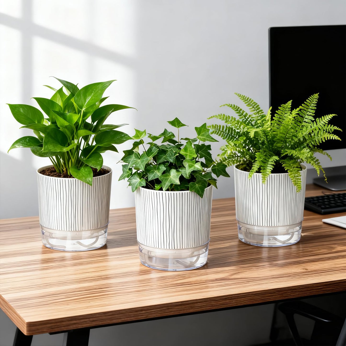 CWYEYE 3 Pack Self Watering Pots Set, 4 Inch Self Watering Pots for Indoor Plants, Planter Pot with Wick Rope and Reservoir for African Violet, Spider Plant, Orchid