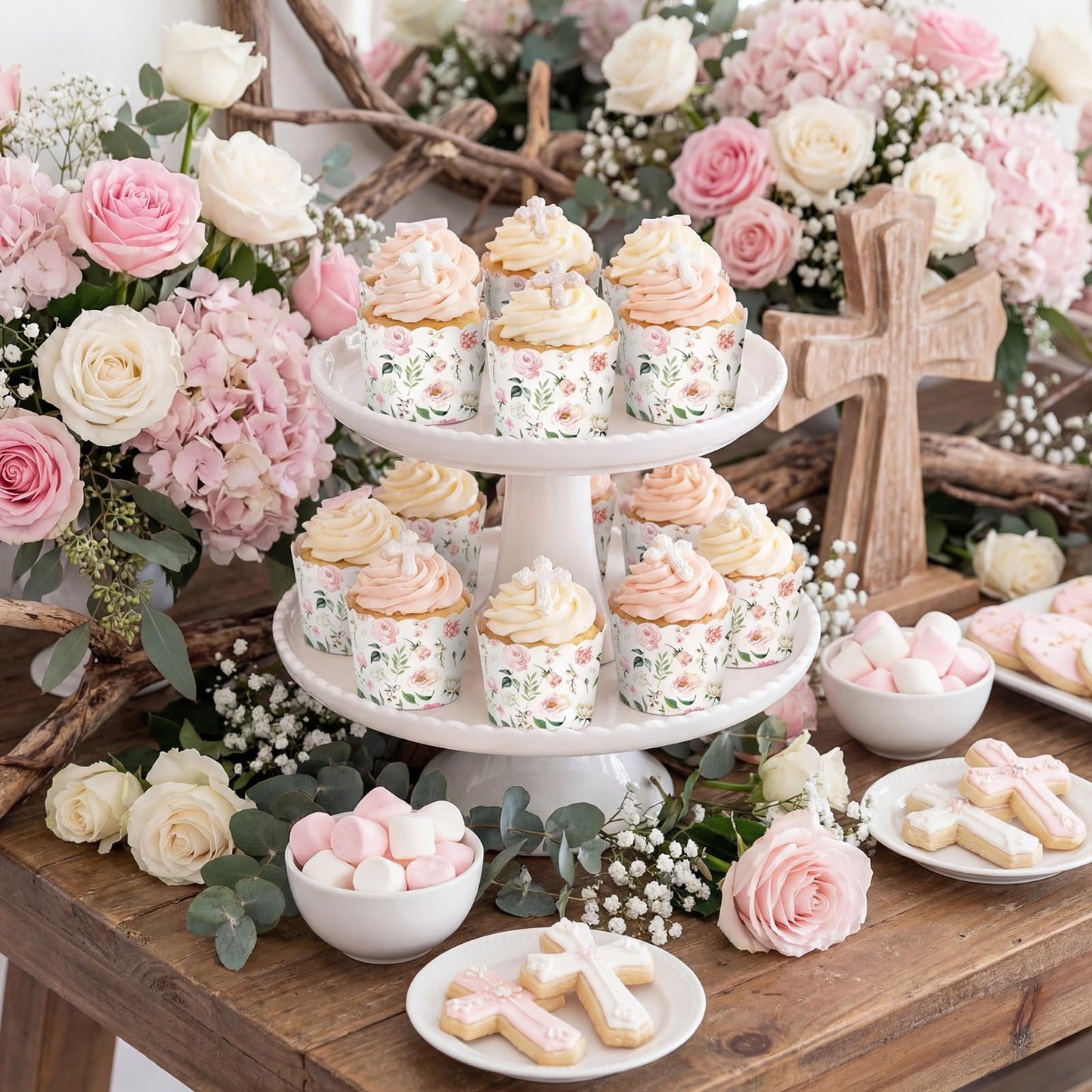 Qinyoung 150 Pcs Pink Floral Cupcake Wrappers Liners Rose Paper Baking Cups Greaseproof Disposable Scalloped Flower Cupcake Muffin Cases for Spring Summer Wedding Baby Shower Birthday Tea Party Decor