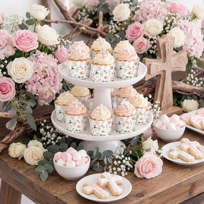 Qinyoung 150 Pcs Pink Floral Cupcake Wrappers Liners Rose Paper Baking Cups Greaseproof Disposable Scalloped Flower Cupcake Muffin Cases for Spring Summer Wedding Baby Shower Birthday Tea Party Decor
