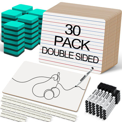 30 Pack Small White Boards, 9"x12" Double Sided Personal Dry Erase Boards Portable Handheld Whiteboards with Lines for Kids, Students, Teacher School, Include 30 Markers, 30 Erasers