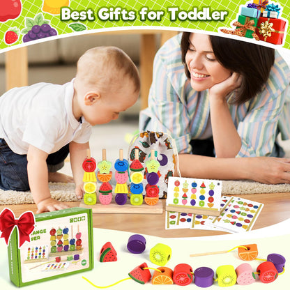 Montessori Wooden Beads Stacking Toys: 2 3 4 Year Old Boys Girls Birthday Gifts - Toddler Sequence Game & Sorting Blocks & Lacing & Matching Shape - Preschool Learning Activities for 2-5 Years Kids