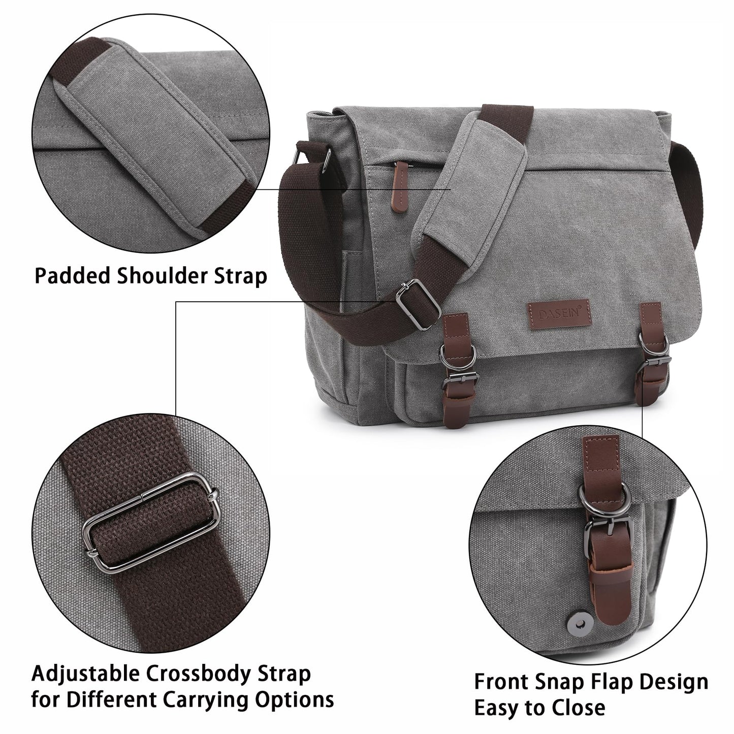 Dasein Large Vintage Canvas Messenger Shoulder Bag, Grey, 15in Laptop