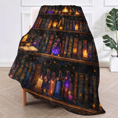 TRYYN Magic Book Flannel Throw Blanket Potion Bottle Candle and Bookshelf Pattern Dark Fantasy Decor for Dreamy Lovers Cozy Lightweight Fleece Blankets Bedroom Reading Nook Gifts, 50x60inch