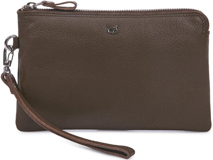 Wise Owl Accessories Genuine Leather Wristlet Wallet for Women Clutch Handbag Purses for Cell Phone Keys Coins Credit Card Slots (Brown Nappa)