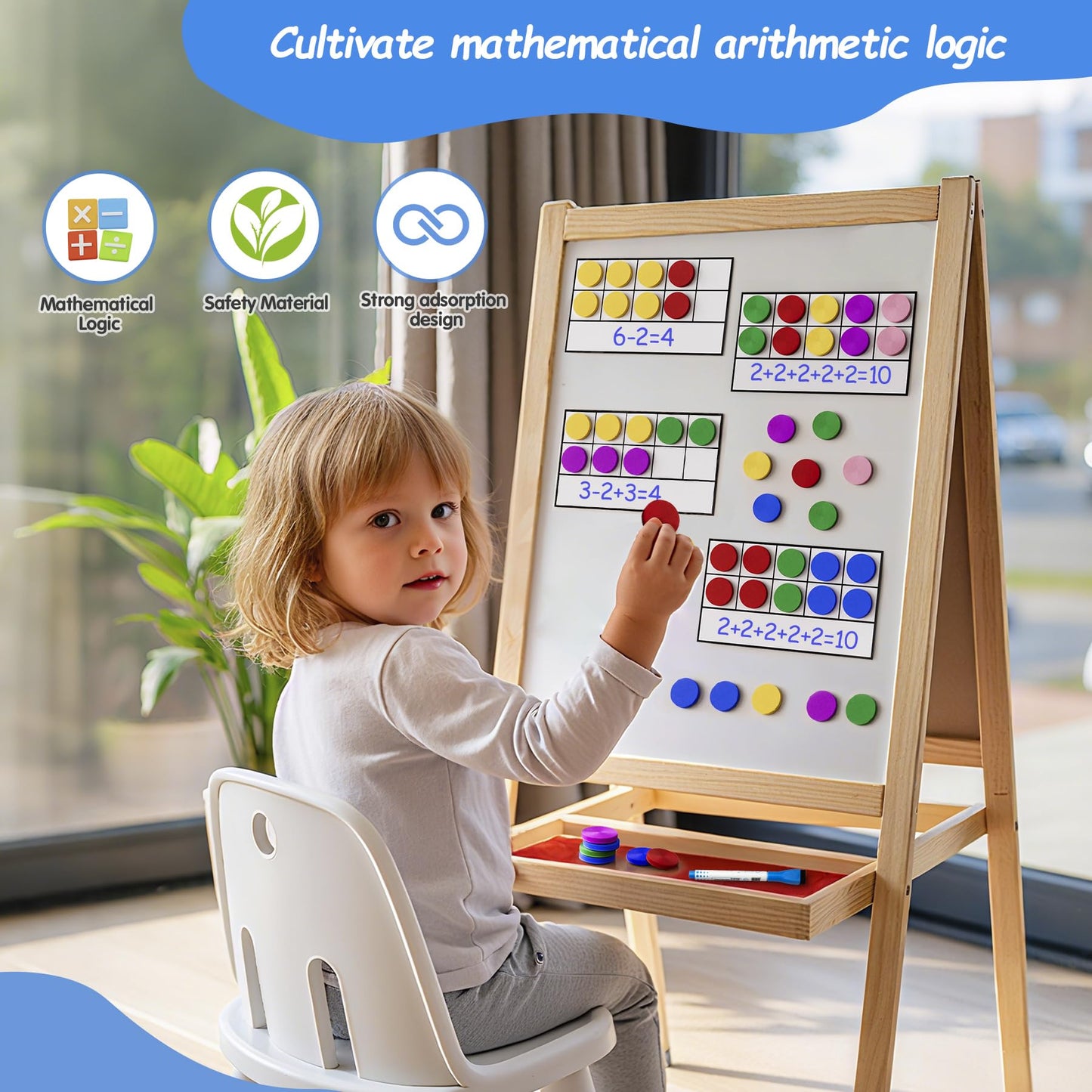 TOMMYHOME Magnetic Ten Frame Set of 74 PCS,Kindergarten Math Classroom Must Have counters,Educational Math Game Toys Suitable for Kids 5-7. (Circular)