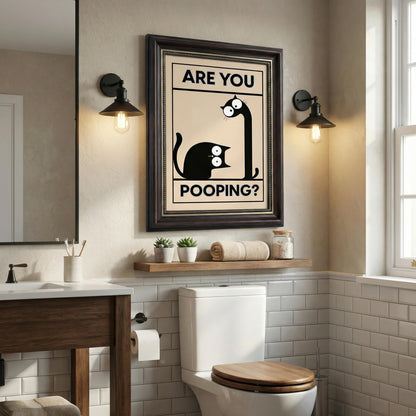 Dark Brown Framed Funny Bathroom Cat Canvas Wall Art Are You Pooping Wall Decor Picture Humor Bathrooms Animal Poster Print Painting for Toilet And Restroom Prepare To Hang