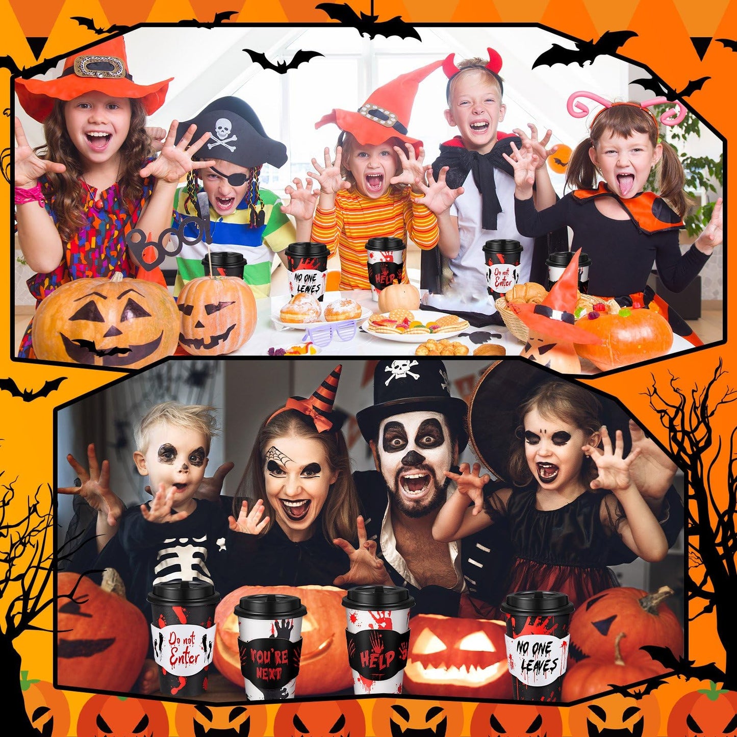 MotiMind 48 Set Halloween Disposable Coffee Cups with Lids & Sleeves 12 oz Halloween Hot Cold Beverage Paper Cups Bulk for Holiday Coffee Drinking Party Supplies Decorations(Black and Red,Blood)