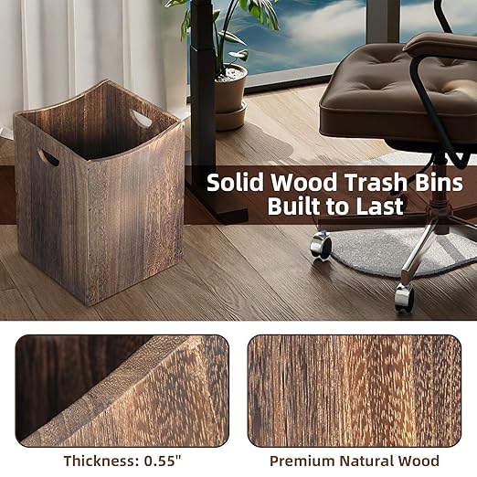 Large Wooden Trash Can 9 Gal Curved Design Office Waste Basket, Square Farmhouse Garbage Can, Brown Vintage Wood Trash Can Storage Basket With Handles for Bedroom Office Living Room Decorative