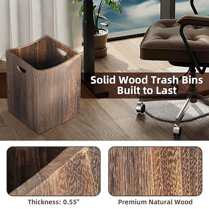 Large Wooden Trash Can 9 Gal Curved Design Office Waste Basket, Square Farmhouse Garbage Can, Brown Vintage Wood Trash Can Storage Basket With Handles for Bedroom Office Living Room Decorative